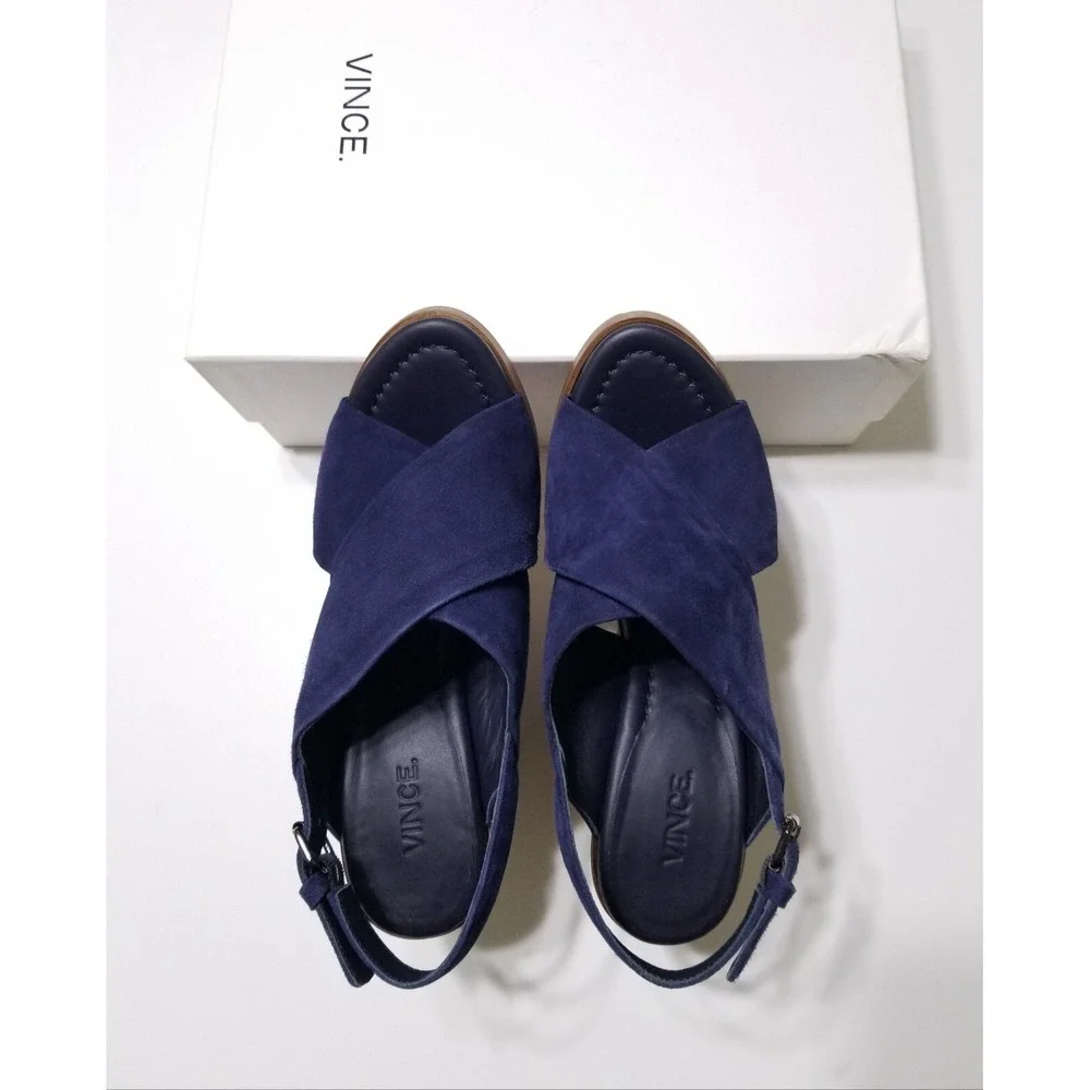 Vince Helena Suede Slingback Wooden Block Heel Sandals Indigo Blue NIB 6.5 7